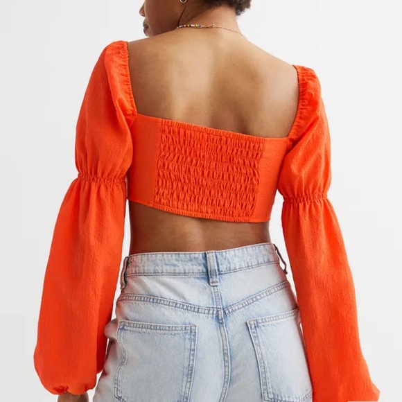 H&M Balloon-Sleeved Cropped Blouse Top Orange Size M Rave Festival Tie Front - Picture 3 of 12